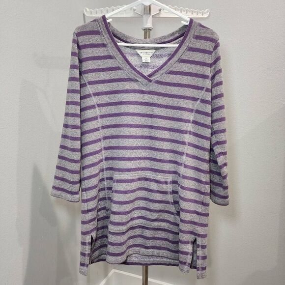 Liz Claiborne Weekend Gray blue Striped Knit Stretch V-Neck Top Women's Size MT - Picture 1 of 4